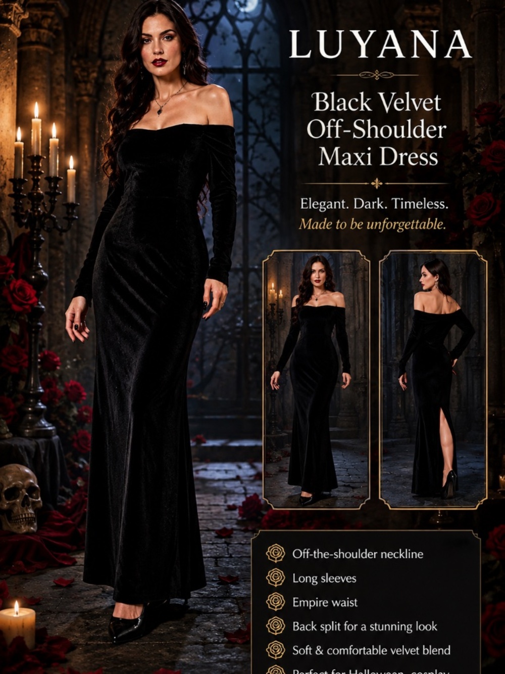 NWT Women’s Black Velvet Off Shoulder Maxi Goth Dress Size XL
